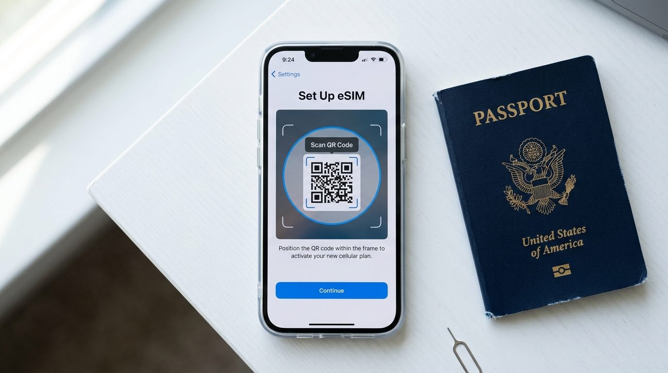 Proceso de escaneo del código QR para activar una eSIM en iPhone