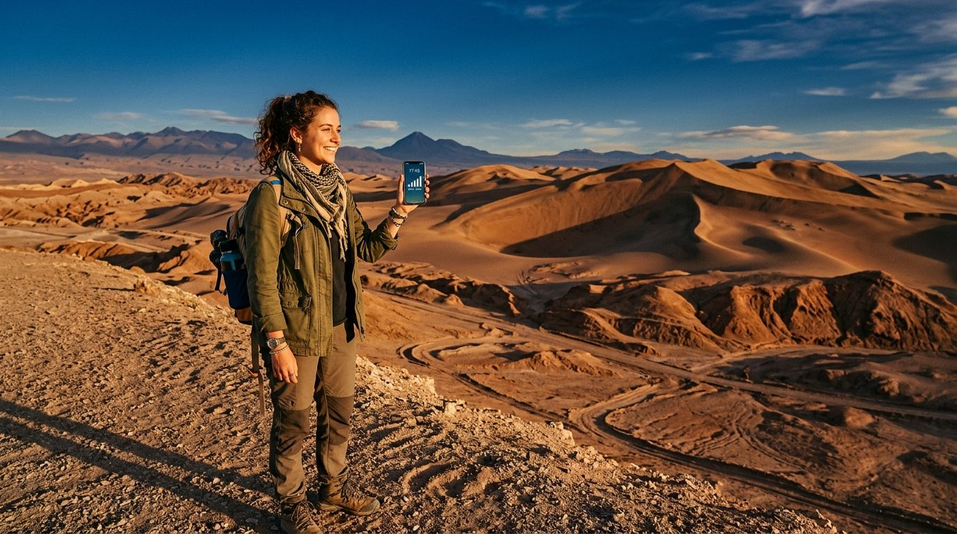 Viajero con smartphone en el desierto de Atacama